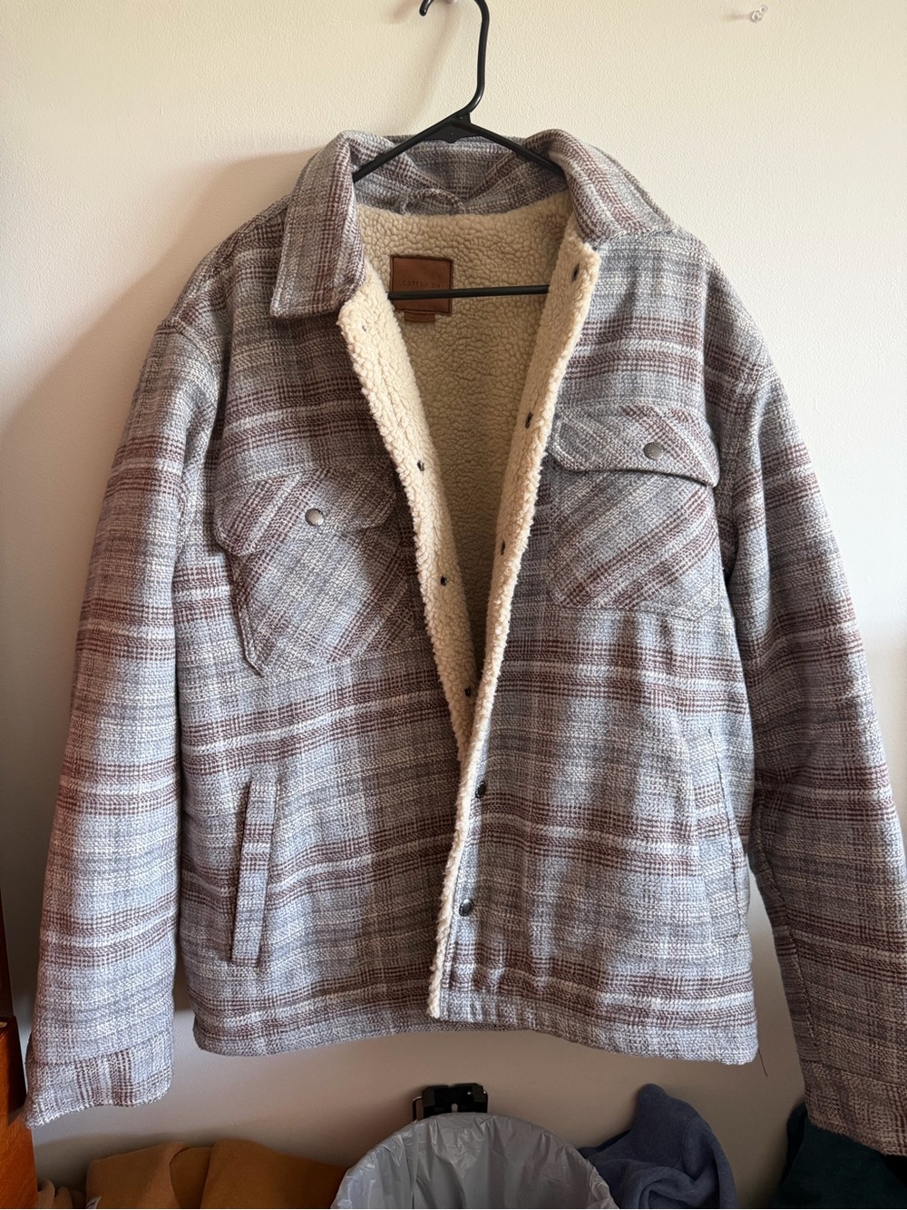 Cotton On Taupe & Cream Plaid Sherpa Jacket - Picture 2 of 6
